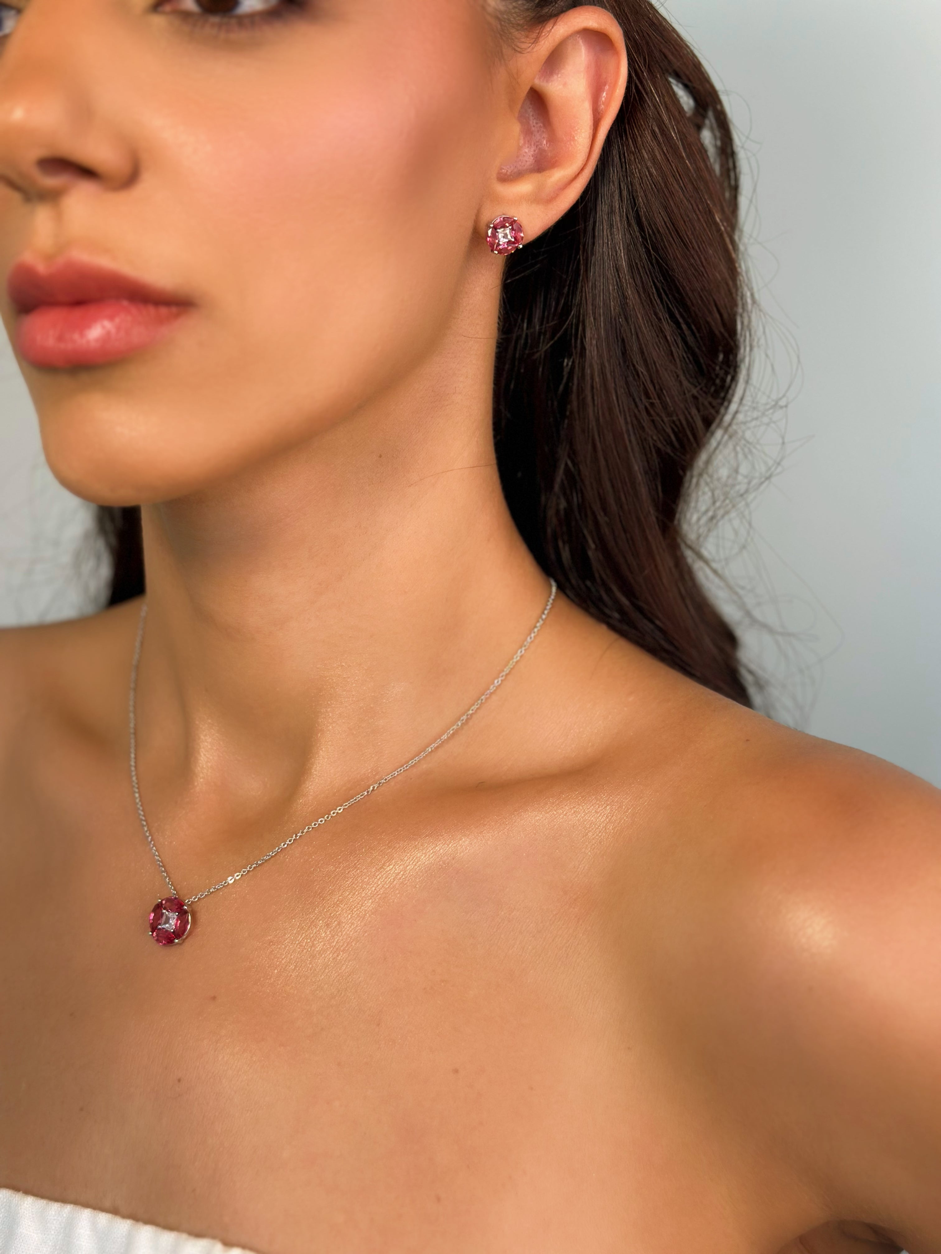 Conjunto Circulo Zircônia Rosa