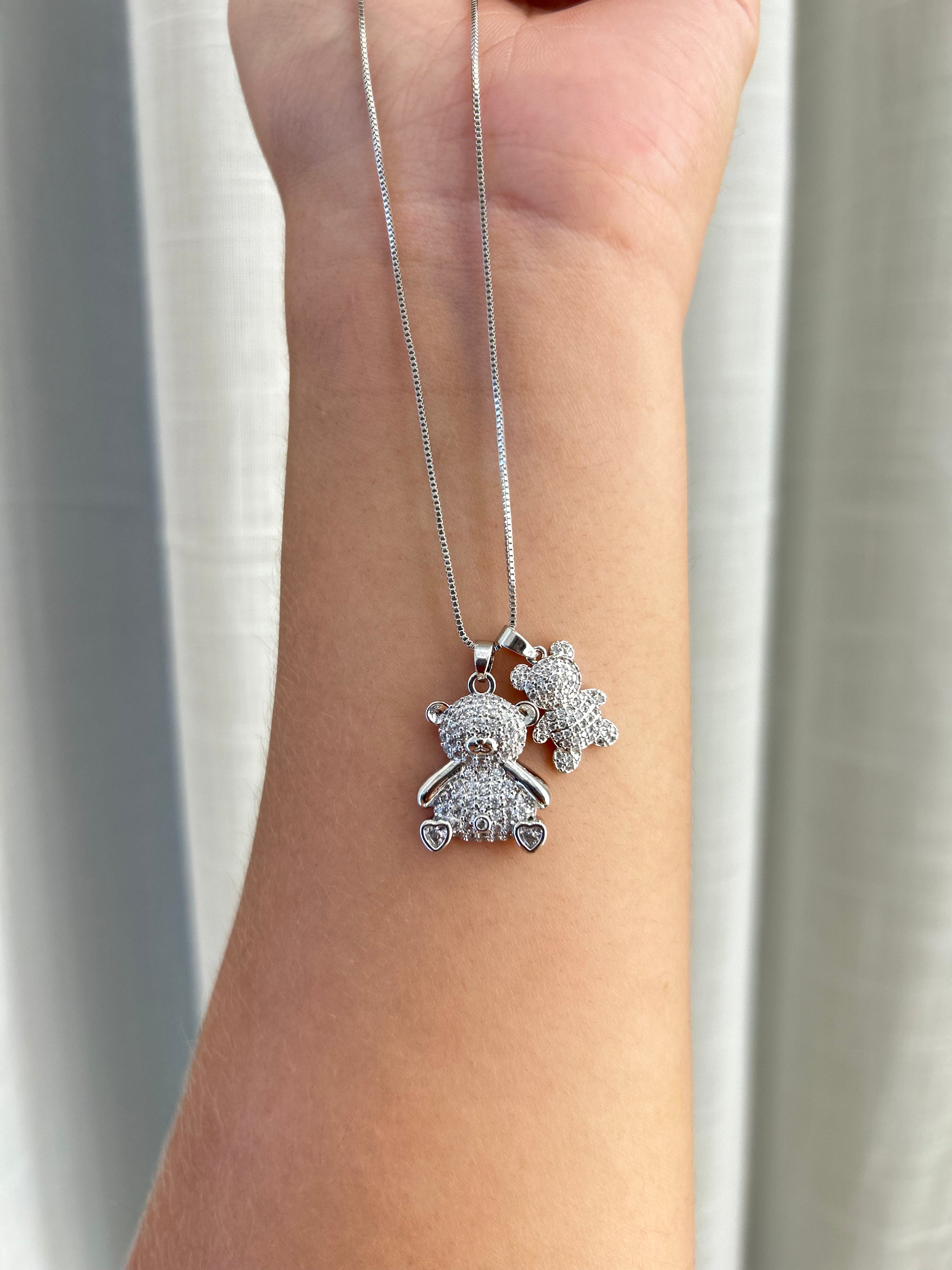 Colar Urso Cravejado Ródio Mãe e Filho