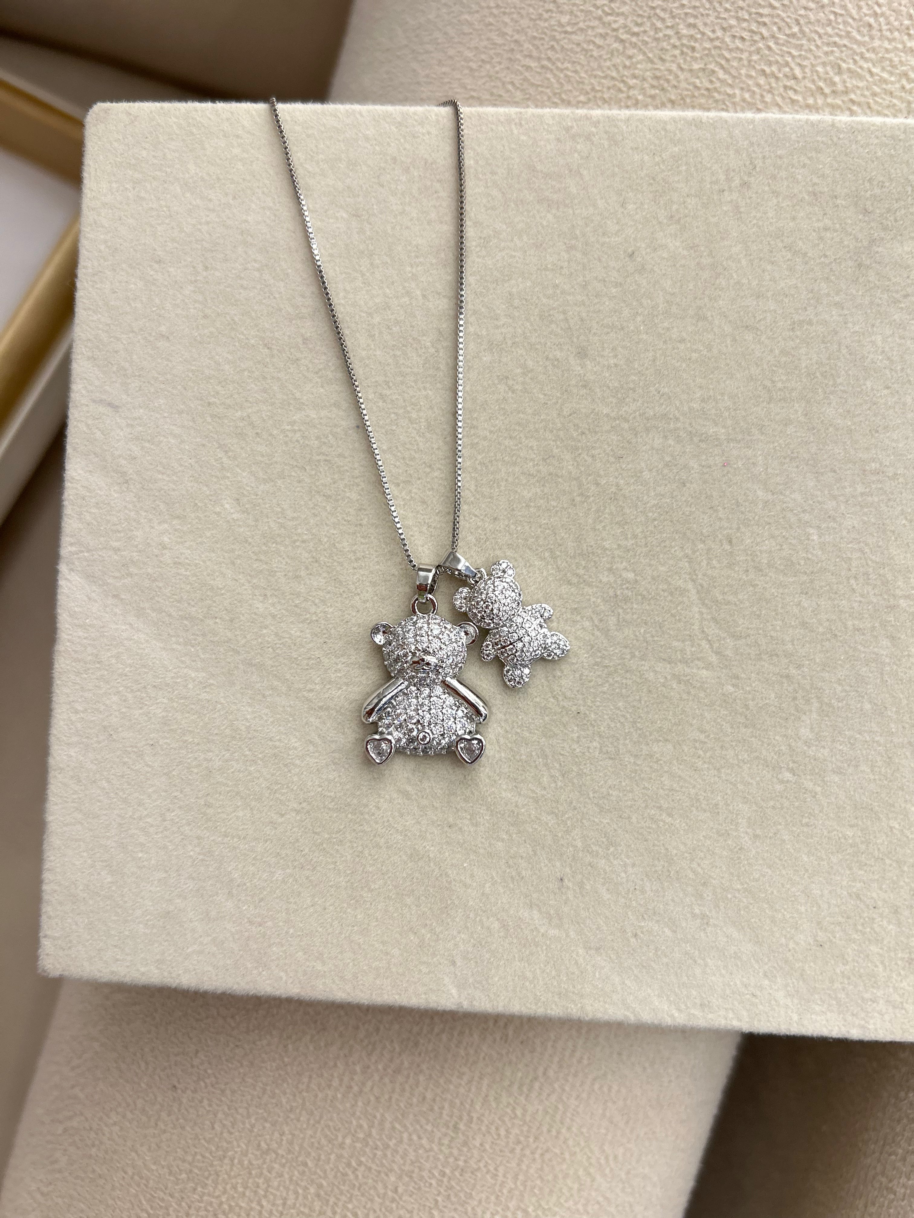 Colar Urso Cravejado Ródio Mãe e Filho